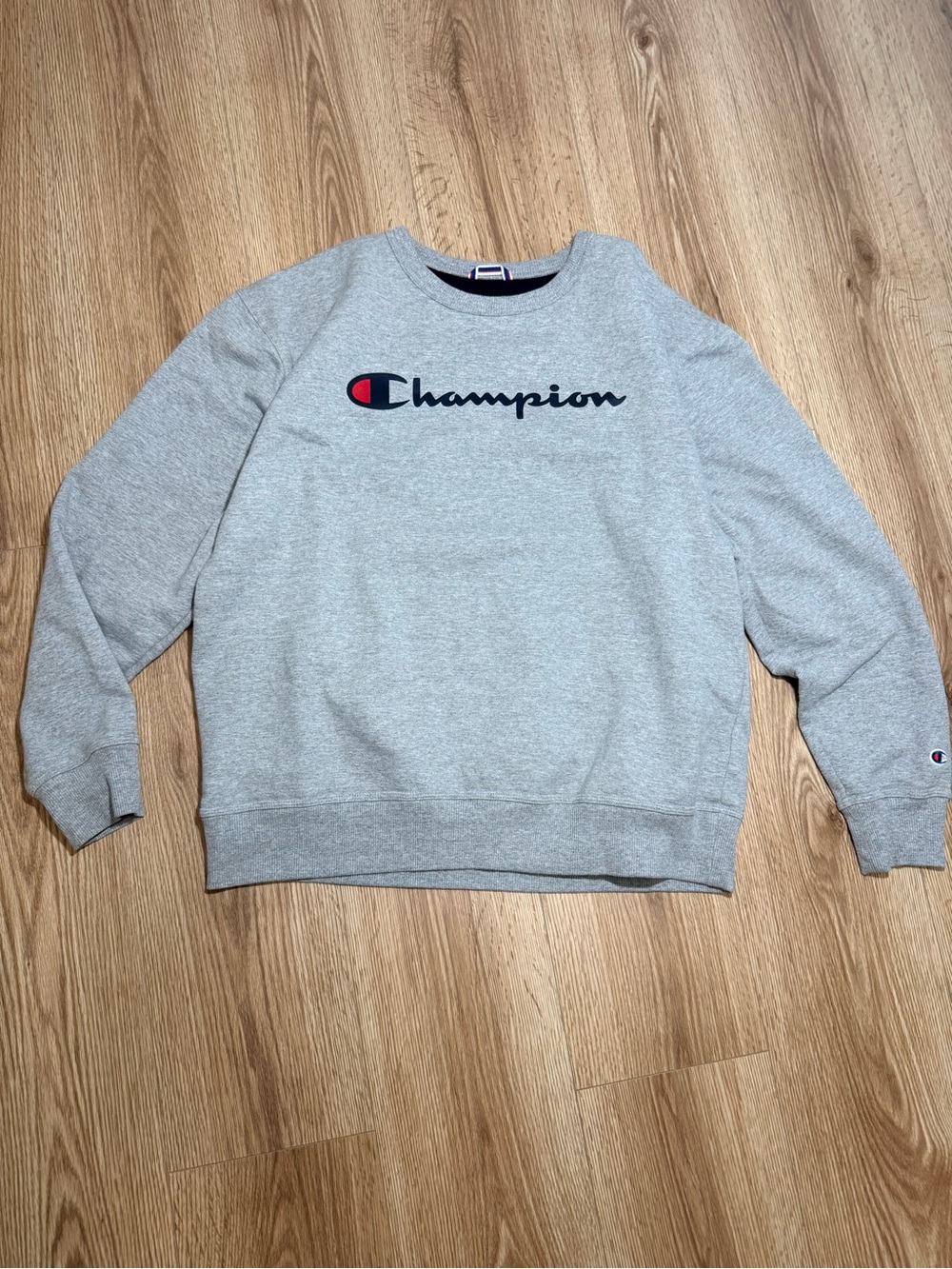 Champion Powerblend Script Logo Crewneck Sweatshirt Men's L Gray Fleece Pullover